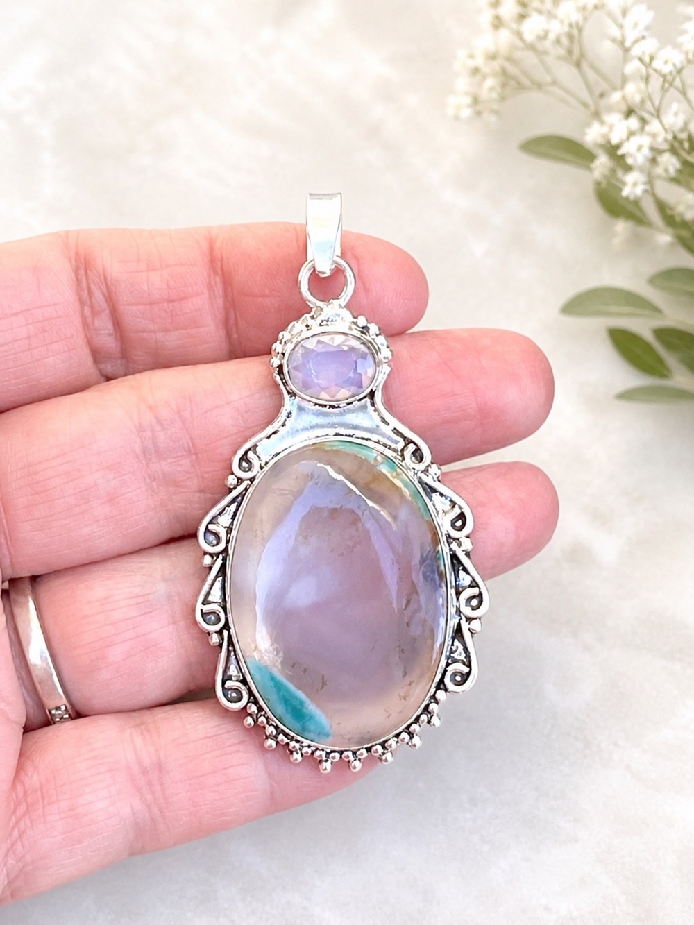 Unique Dendrite Opal & Opalite Gemstone 2.5” Silver Pendant. Stamped 925.